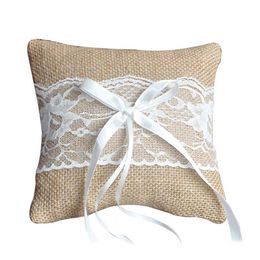 Wedding Ring Pillow Cushion Vintage Burlap Lace Decoration For Bridal Party Ceremony Pocket MYDING255S