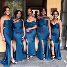 Mixed Styles Sexy Navy Blue Mermaid Bridesmaid Dresses Plus Size One Shoulder High Side Split Floor Length Wedding Guest Dress Mai285q