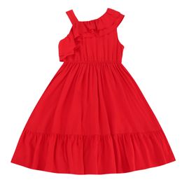 Summer Girls Clothes Slip Dresses,Sleeveless Red Midi Chiffon Sundress for 4-16 Years Children