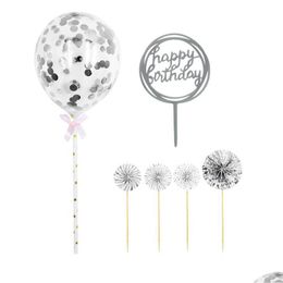 Party Decoration Wholesale Happy Birthday Cake Toppers Paper Fans Acrylic Cupcake Topper Confetti Balloon Decorations Set Drop Deliv Dhmfz