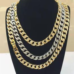 Chains Rapper Hip Hop Iced Out Paved Rhinestone 15MM Miami Curb Cuban Link Chain Gold Sliver Necklaces For Men Women Jewellery Set C2865