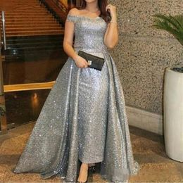 Silver Sequined Mother Of The Bride Dresses Gown Detachable Sweep Plus Size Mother's Dresses Kaftan Off Shoulder Long Evening258K