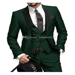 High Quality One Button Dark Green Wedding Groom Tuxedos Peak Lapel Groomsmen Men Formal Prom Suits Jacket Pants Vest Tie W193294H