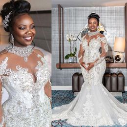 2022 Bling Sexy African Crystal Mermaid Wedding Dresses High Neck Sheer Long Sleeves Lace Beading Bridal Wedding Gowns Elegant Rob322k