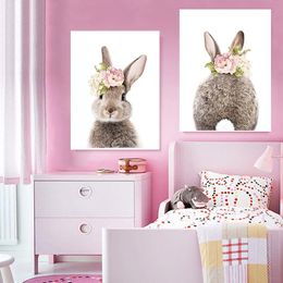 Gravestones Rabbit Bunny Tail Nursery Wall Art Picture Flower Animal Canvas Poster Print Child Painting Nordic Kids Baby Girls Room Decor