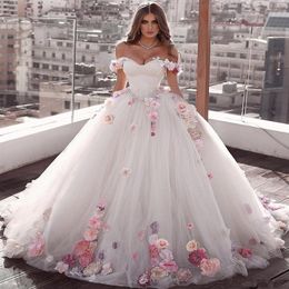 Luxurious Pleated Tulle Sweet 15 Party Dresses Off Shoulder Flowers Prom Ball Gown Beaded Quinceanera Dress Lace Up Back vestidos 239U