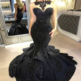 Sparkly Lace Applique Black Mermaid Prom Formal Dresses High Neck Cascading Ruffled Skirt Fishtail Occasion Evening Wear Gowns2635