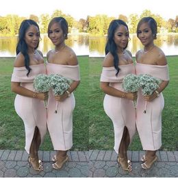 South African Blush Pink Sheath Bridesmaid Dresses 2018 Sexy Off Shoulder Satin Side Split Prom Party Dresses For Wedding Plus Siz251u
