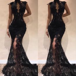 Sexy Black Sleeveless Mermaid Prom Party Dresses 2022 High Neck Split Side High Evening Gowns See Through Full Lace Celebrity Dres304s