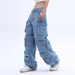 New Pocket Solid Color Overalls Jeans Women's Y2K Street Retro Loose Wide-Leg Overalls Couple Casual Joker Mopping Jeans Pants Women