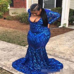 Plus Size Royal Blue Prom Dresses Sequins Long Sleeves Sexy Deep V Neck Mermaid Sweep Train Black Girls Formal Occasion Wear Eveni2498