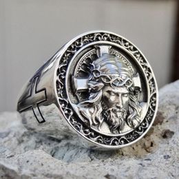 Vintage Jesus Cross Carved Signet Rings for Men Retro Domineering Silver Colour Metal Finger Ring Male Punk Gothic Party Jewellery