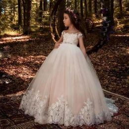 Princess Backless Lace Ball Gown Flower Girls Dresses Champagne Applique Kids Pageant Gowns Little Girl Birthday Party Dresses243U