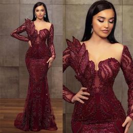 2022 Gorgeous Burgundy Beaded Evening Dresses Mermaid Sheer Neck Prom Dress Long Sleeves Formal Party Second Reception Gowns Arabi2271