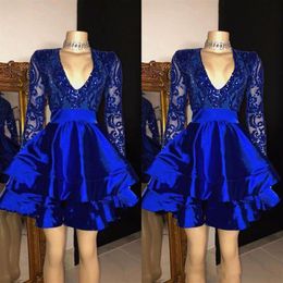 Shiny Royal Blue Homecoming Dresses Short Prom Gowns Knee Length Long Sleeves Sequin Appliqued Cocktail Dress234H