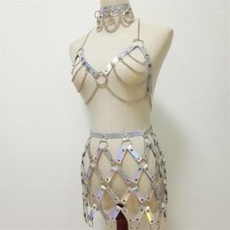 Women Punk Harness Holographic Laser Leather Handmade Body Bondage Sexy fishnet skirt Chest belt fashion choker silver Chain Bra1341e