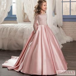 Ball Gown Long Lace Sleeved Kids Flower Girl Pageant Dress with for Girls Aged 5-11 Years187G