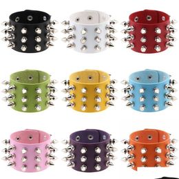 Bangle Punk Bracelets Jewellery Three Row Cuspidal Spikes Rivet Stud Wide Cuff Leather Gothic Rock Uni Bracelet 13 Colours Drop Delivery Dhbpe