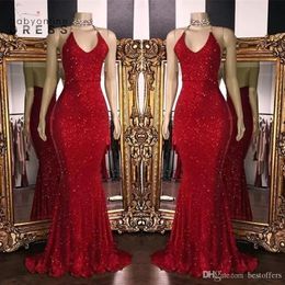New Sparkly Red Sequins Prom Dresses Halter Mermaid Long Prom Gowns Low Back Arabic Party Dress BC1085175D