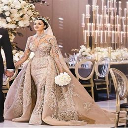 2019 novos vestidos de noiva vintage luxuosos e elegantes sereia com trem destacável 2019 champanhe manga longa renda vestidos de noiva robe244m