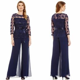 Fashionable Mother Of Bride Pant Suit Long Sleeves Lace Plus Size Mother Bride Beads Ribbon Evening Dresses Fashion264l