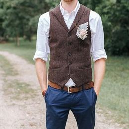 Wool Groom Vests 2021 Fashion Dark Brown Tweed Herringbone Pockets Men's Suit Vests Slim Fit Men's Dress Vests Wedding W271u