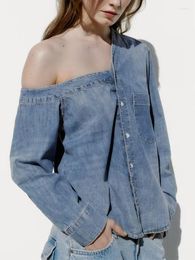 Women's Blouses M GIRLS Fashion Asymmetrical Denim Shirt For Women Single Breasted Pockets Blouse Woman Long Sleeve Jeans Shirts Ladies