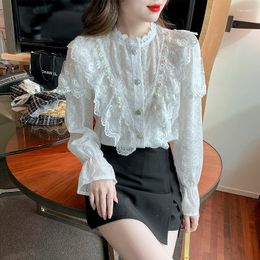 Women's Blouses Spring Ladies Tops Beaded Lace Ruffles Shirt Women Clothing Vintage Flare Sleeve Top White Blouse Camisas De Mujer 639E