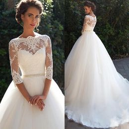 Country Vintage Lace 2021 Wedding Dresses O Neckline Half Long Sleeves Pearls Tulle Princess A-Line Cheap Bridal Dresses Plus Size290C