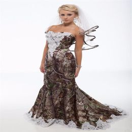 2020 Simple Mermaid Camo Wedding Dresses Lace Applique Sweetheart Wedding Gowns with Veils Cheap Bride Trumpet Dress249M