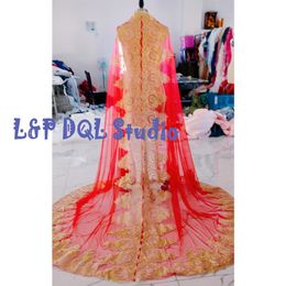 Custom Made Wedding Cape 2 5m Long Red tulle with Gold Applique Wedding Accessories Bridal Veils Top Quality2308