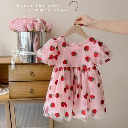 2023 Summer Girls Dress Kids Baby Fashion Strawberry Short Sleeved Net Dress Children Party Performance Cute Princess Dress