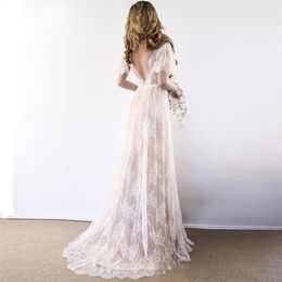 Abito da sposa boho 2021 scollo a V manica corta in pizzo spiaggia abito da sposa senza schienale abiti da sposa a-line su misura270H