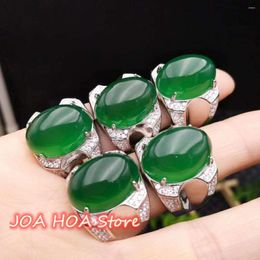 Cluster Rings Latest Natural High Green Chalcedony 925 Silver-plated Inlaid Atmosphere Men Ring Green-Agate Emerald Jade Handring Jewel