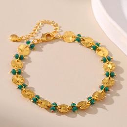 Link Bracelets Copper Plated 18k Gold Round Design Sense Green Crystal Metallic Feel Celebrity Aristocratic Temperament Korean Version Women