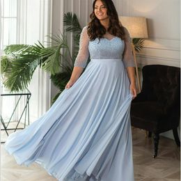 Sky Blue Plus Size Mother Of The Bride Dresses Jewel Neck Chiffon 3 4 Long Sleeves Wedding Guest Dress Custom Made Formal Gowns272Y