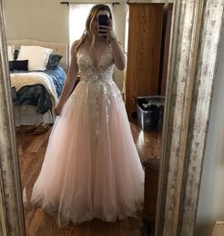 2023 Popular Girls Prom Dresses Blush Pink Floor Length Tulle Maxi Pageant Dress A Line V Neck Sleeveless Prom Gowns for Girls 16 years Applique Lace Party Wear