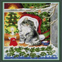 Mix 2 in 1 Christmas kitten Handmade Cross Stitch Craft Tools Embroidery Needlework sets counted print on canvas DMC 14CT 11CT3143