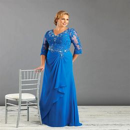 2019 Fashion Plus Size Mother of the Bride Dress 3 4 Sleeve V Neck Beaded Lace Chiffon Column Women Formal Gowns Custom Made265w