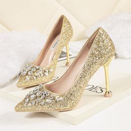 Fashion Crystals Wedding Shoes 4 inch High Heels Rhinestones Sexy Pointed Bright Sequins Bridal Shoes Party Prom Slim Shoes For Wo280S
