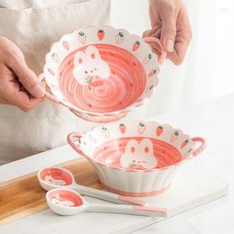 Bowls Kawaii Bowl Ceramic Household Two Ear Creative Cartoon Dessert Lovely Rice Tableware