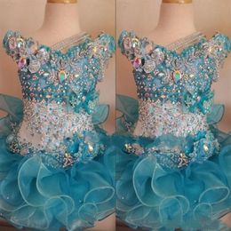Cupcake Kids Pageant Dresses for Little Girls Baby Beaded Organza Cute Kids Short Prom Gowns Infant Light Blue Crystal Birthday Pa238F