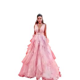 Ruffles Prom Dresses Light Pink Deep V Neck Draped Long Formal Celebrity Evening Gowns A Line Red Carpet Dresses Party Vestidos