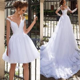 New Plus Size A Line Wedding Dress 2 in 1 with Sleeves Lace Applique Vestido de Noiva Floor Length Tulle Princess Bridal Gown Wedd227p