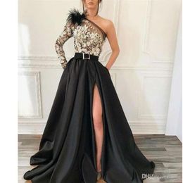 Modern One Shoulder Black Satin A Line Evening Gown Long Sleeve Appliques Front Split Long Prom Dresses For Special Occasion Wear215k