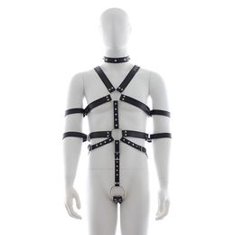 Men Punk Rivet Leather Harness Body Bondage Cage Bustier Corset Sculptin leather Suspenders Braces Pants Sexy Male belt289i