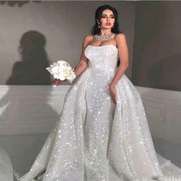 Full Sequins Plus Size Overskirt Country Bridal Gown Glitter mermaid Style arabic wedding dresses with detachable train Strapless 170U