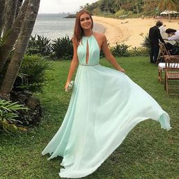 New Simple Design Halter Neck Key Hole Mint Party Prom Gown A-Line Chiffon Backless Prom Long Elegant Evening Dresses294K