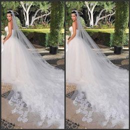 Bridal Veils Kim Kardashian New Charming White & Ivory One Tiered Cathedral Bride Wedding Veil Custom 3 Metres Lace246I