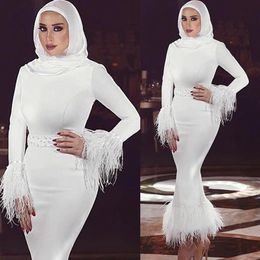 White Muslim Mermaid Prom Dresses High Neck Long Sleeve Feather Satin Ankle Length Evening Gowns Plus Size Cooktail Party Dress2265